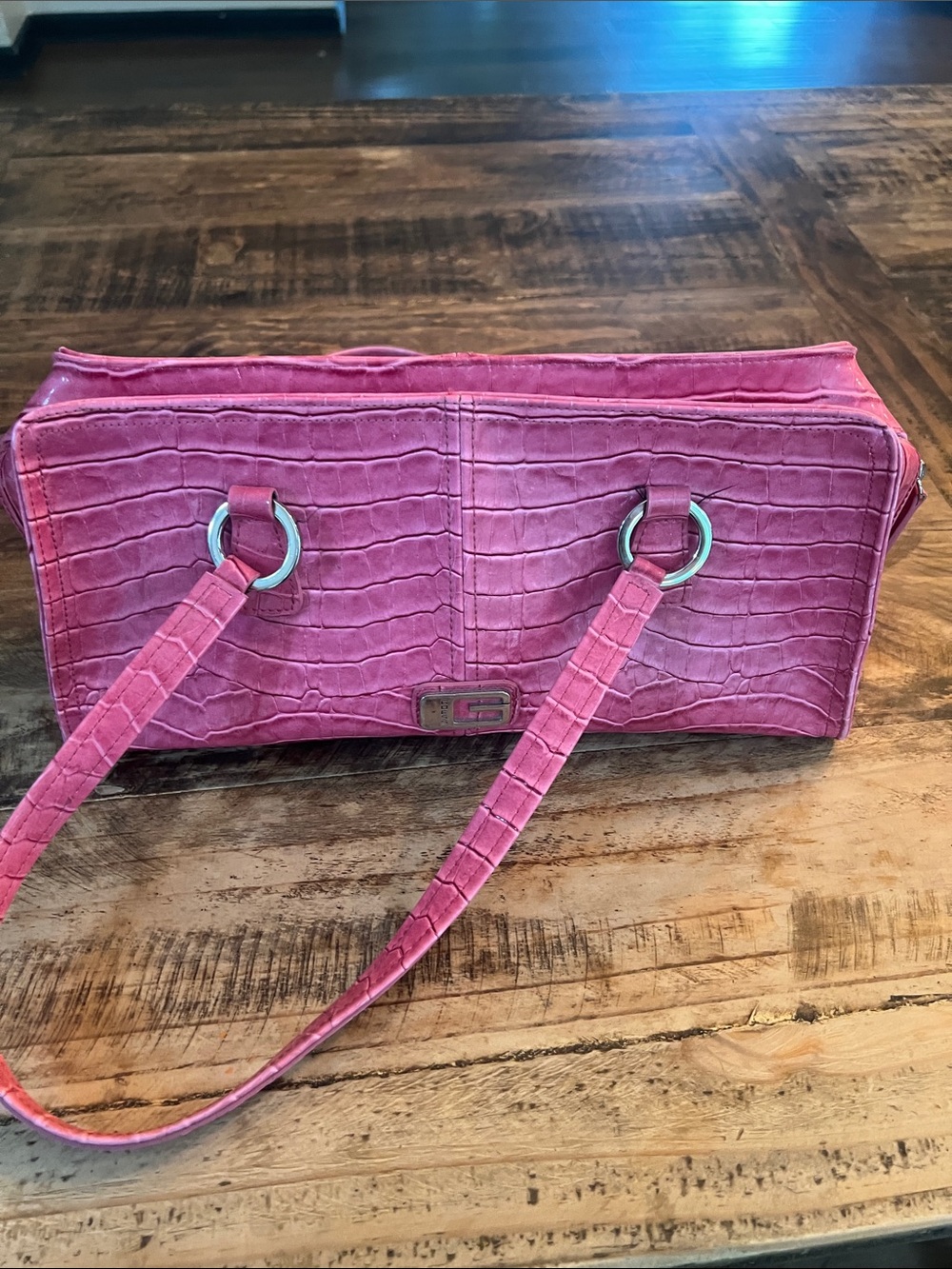 Guess Pink Croc-Embossed Shoulder Bag